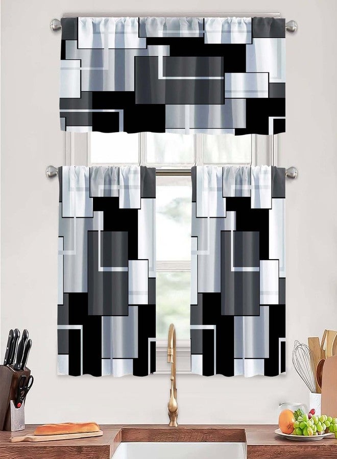 MCALK Dark Grey Kitchen Curtains Tiers and Valances Set for Windows, Geometric Modern Art Kitchen Window Curtains, Grey and Black Valances for Living Room (36" Tiers Set) - Image 1